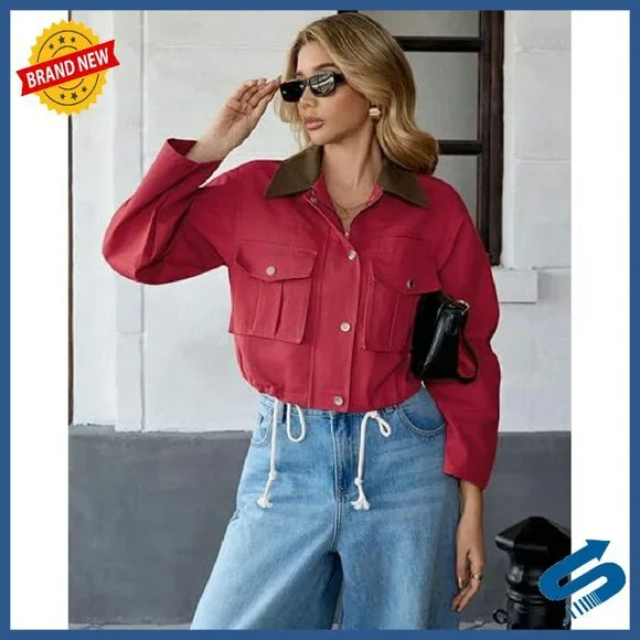 Women's Cropped Utility Jacket 100% Cotton Button Front Casual Barn Coat
